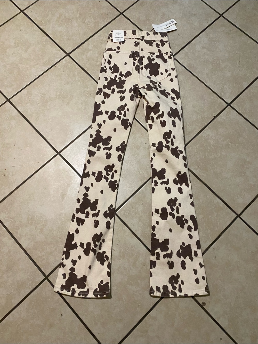 Zara Cream and Brown Cowprint Flared Jeans - Picture 3 of 3